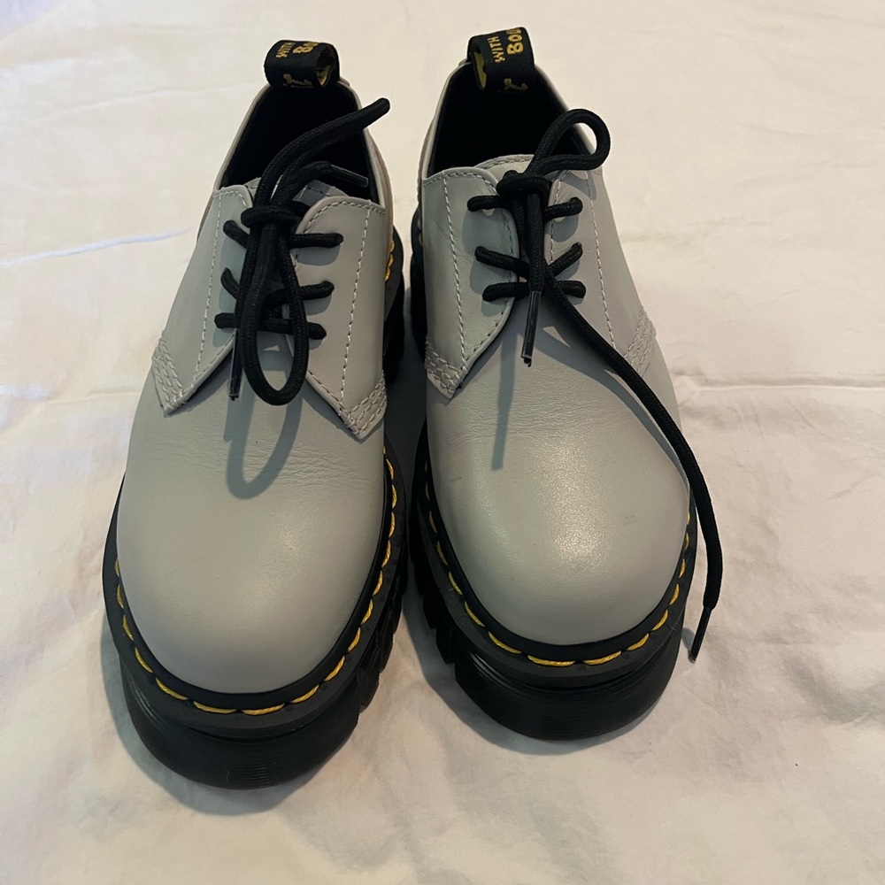 Dr. Martens Light Gray Leather Shoes with Black and Yellow Accents